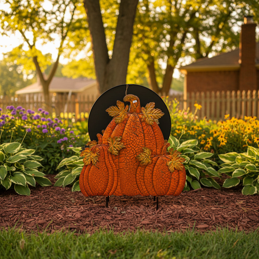 3 Orange Crackle Pumpkin Stake