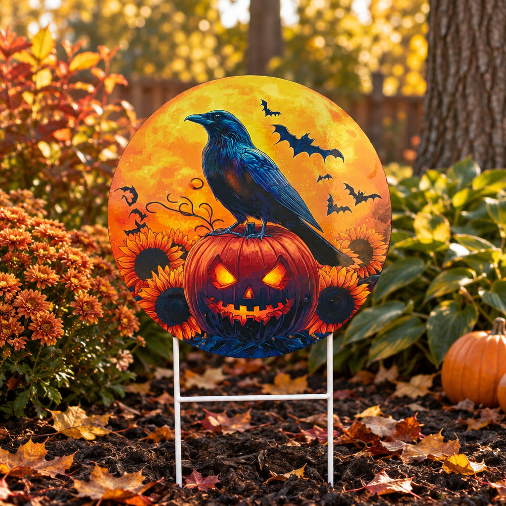 Round Metal Halloween Crow