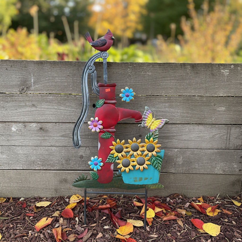 Metal Cardinal on Red Pump with Flowers