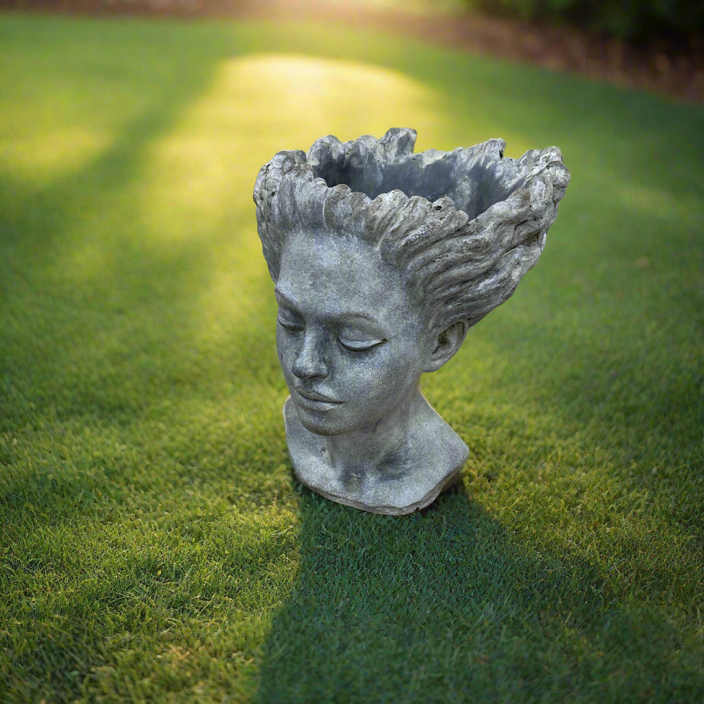 lady head pot planter Light Gray Concrete Lady Head Lawn Ornament Pot – bellagoatfarms