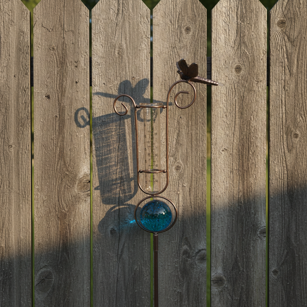 Rain Gauge with Blue Solar Ball and Dragonfly