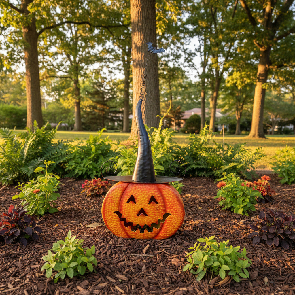 Metal Porch Pumpkin with Witch Hat