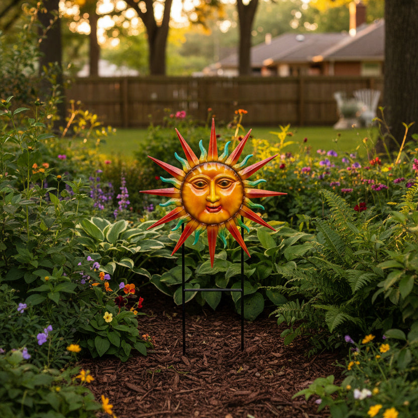 Metal Tri Colored Sun Face On 2 Pole