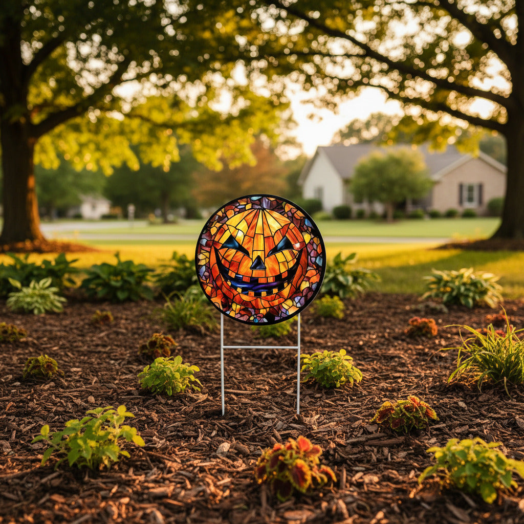 Round Metal Stained Glass Pumpkin