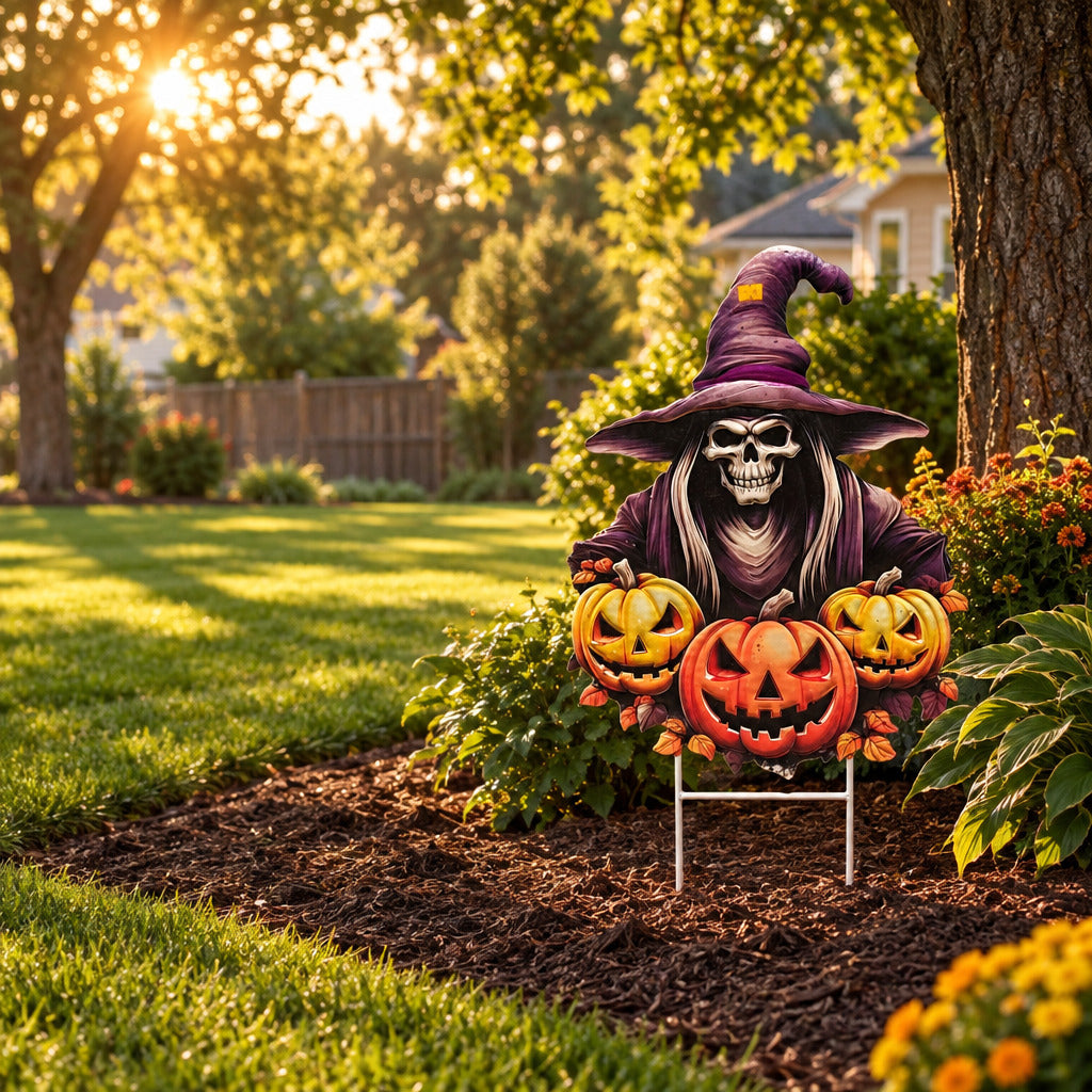 Halloween Witch Skeleton with Pumpkins