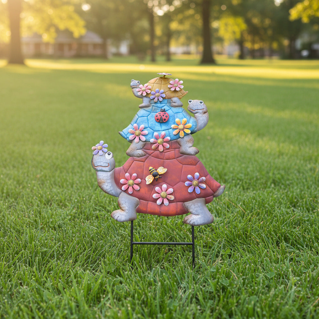 Metal 3 Stack Turtles W/ Flowers