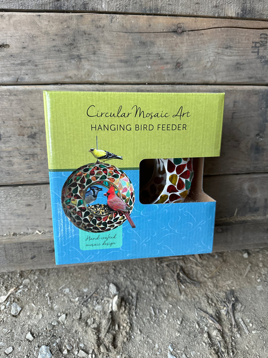 Circular mosaic art hanging birdfeeder