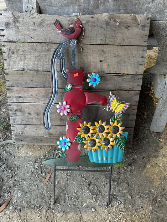 Metal Cardinal on Red Pump with Flowers