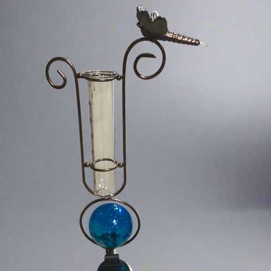 Rain Gauge with Blue Solar Ball and Dragonfly