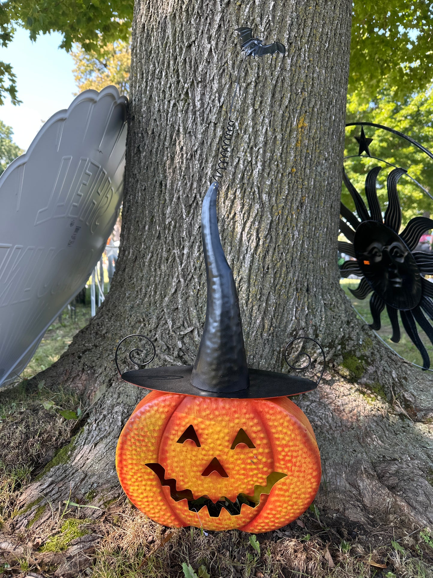 Metal Porch Pumpkin with Witch Hat