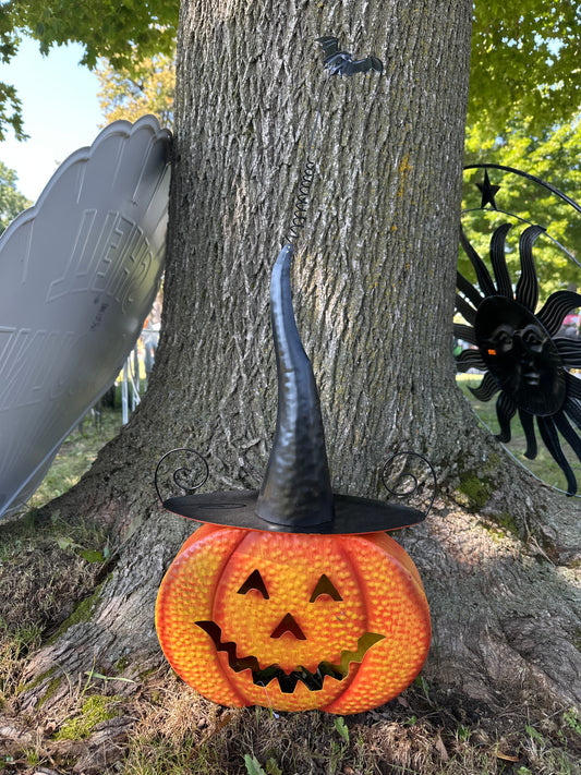 Metal Porch Pumpkin with Witch Hat