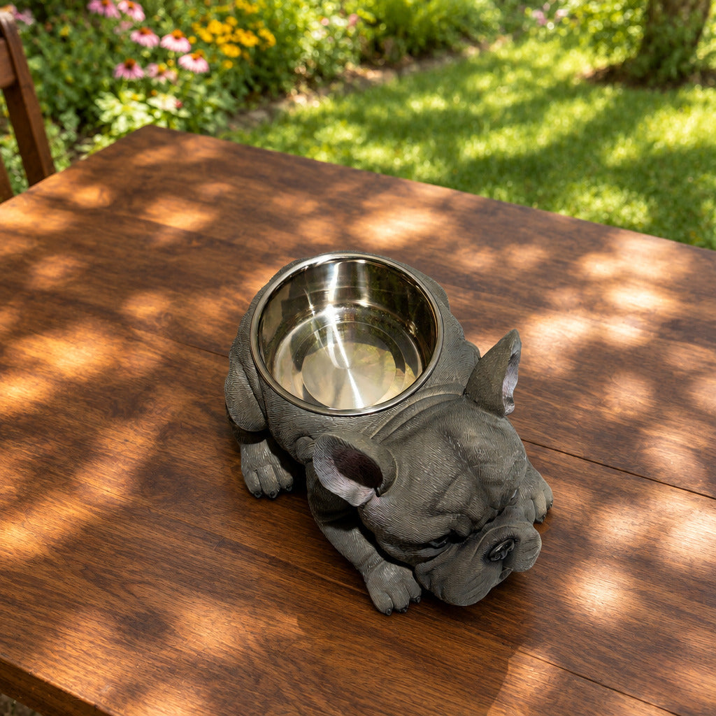 French Bulldog With Stainless Water Bowl Grey