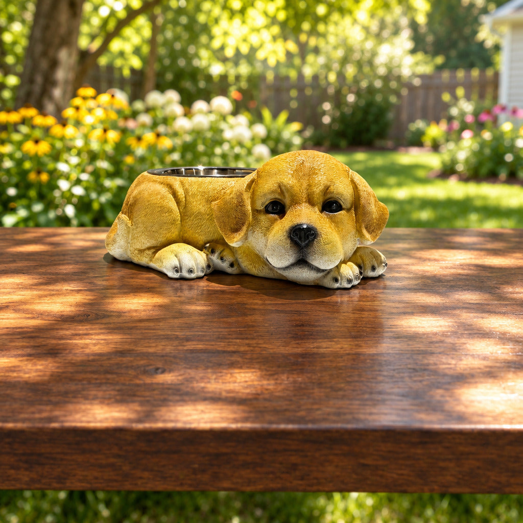 Lab Puppy With Stainless Water Bowl
