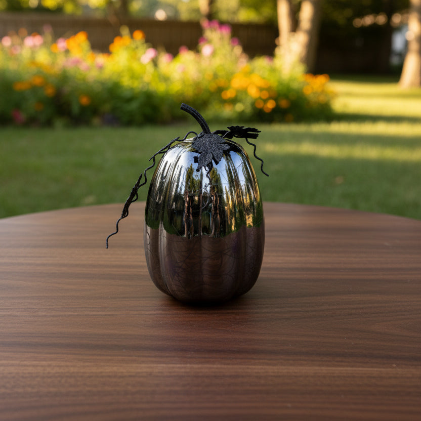 Led Glass Pumpkin Black Spiderweb
