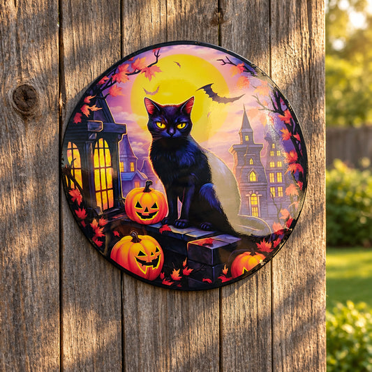 Round Metal Halloween Cat Decor