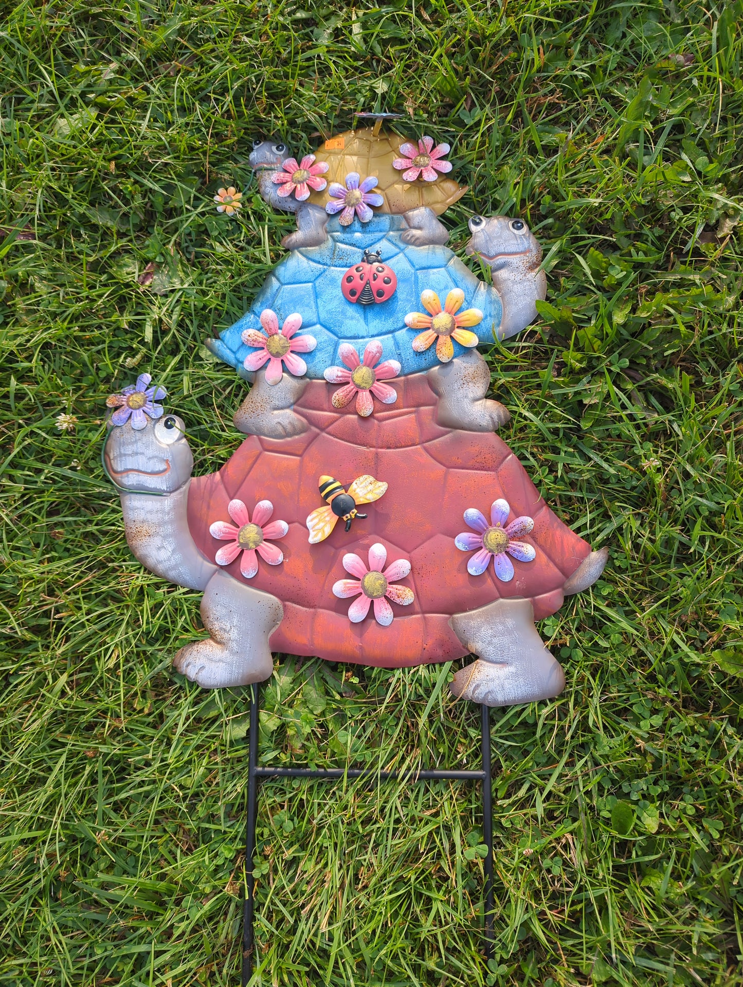 Metal 3 Stack Turtles W/ Flowers