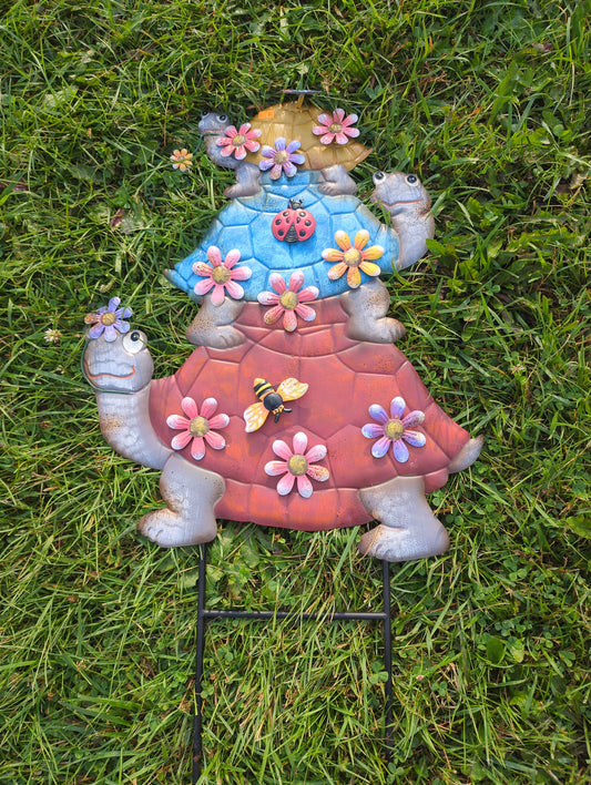 Metal 3 Stack Turtles W/ Flowers