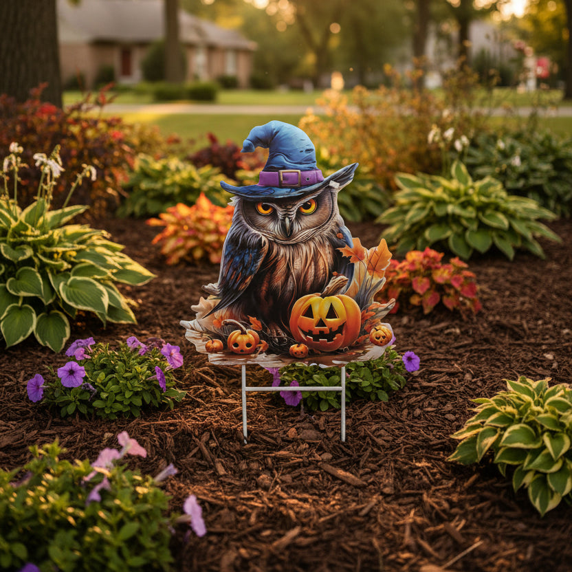 Metal Halloween Owl with Pumpkin