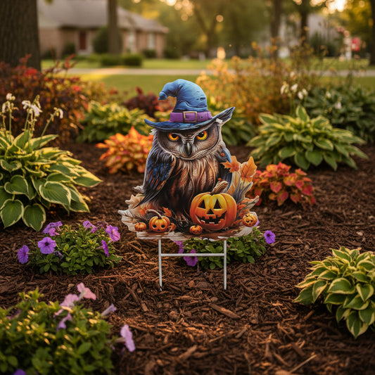 Metal Halloween Owl with Pumpkin